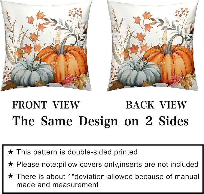 Orange Blue Pumpkin Pillow Covers 16x16 Fall Maple Leaves Throw Pillow Covers Autumn Decorative Cushion Case for Farmhouse Living Room Couch Patio Set of 2