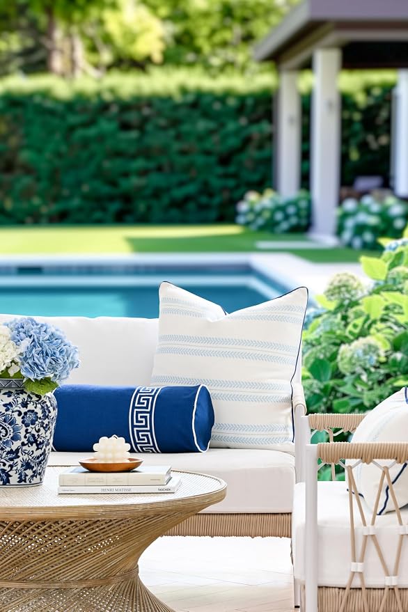 Hofdeco Premium Coastal Hampton Patio Indoor Outdoor Bolster Pillow Cover Only, 8"x24" Water Repellent for Backyard, Couch, Poolside, Navy Blue Embroidered Greek Key