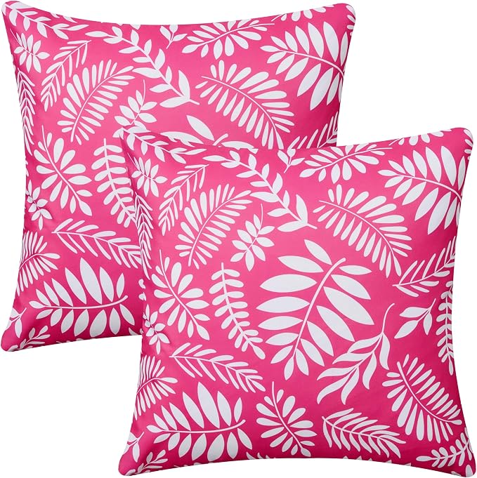 Allorry Outdoor Pillow Covers 18x18 Set of 2 Tropics Palm Leaves Rose Red Floral Pattern Decoration Pillow Covers for Spring Summer Outdoor Waterproof Garden Patio Sofa Bedroom Home Decor JB009-C18