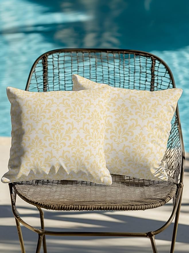 Waterproof Outdoor Pillow Set of 2 Yellow Grid Plaid Decorative Throw Pillows Cover & Insert 18x18 Inch Pillowcase Diagonally Crossed Lines Pillows for Couch Sofa Bed Patio Furniture Indoor Outdoor