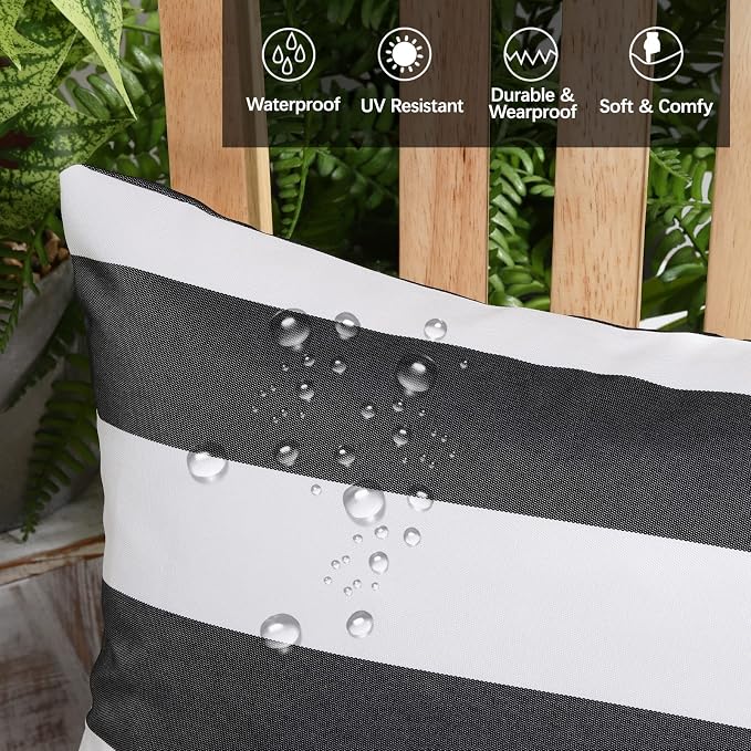 Lewondr 2 Pack Outdoor Throw Pillow Covers, 12"x20", Black Gray + White | Lumbar Rectangle Stripe, Waterproof, For Outdoor Patio Porch Farmhouse Garden Balcony Couch, 30x50cm