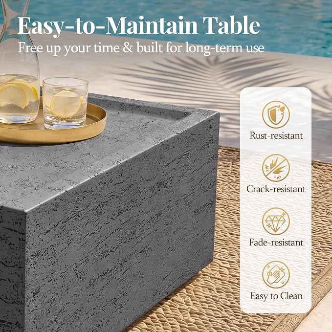 UPHA 28" Square Outdoor Coffee Table, Modern Hollow Concrete Patio Table, Small Minimalist Low Accent Table for Living Room, Balcony, Deck, Backyard, Dark Gray