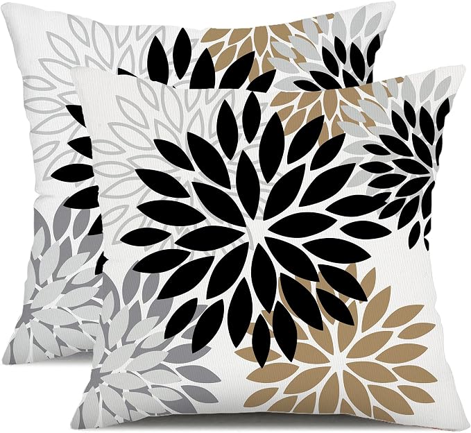 DFXSZ Outdoor Waterproof Pillow Covers 20x20 Set of 2 Black Brown Flower | Spring Summer Waterproof Flower Throw Pillowcases（No Inserts）Outdoor Decor for Patio Funiture Garden Polyester Covers