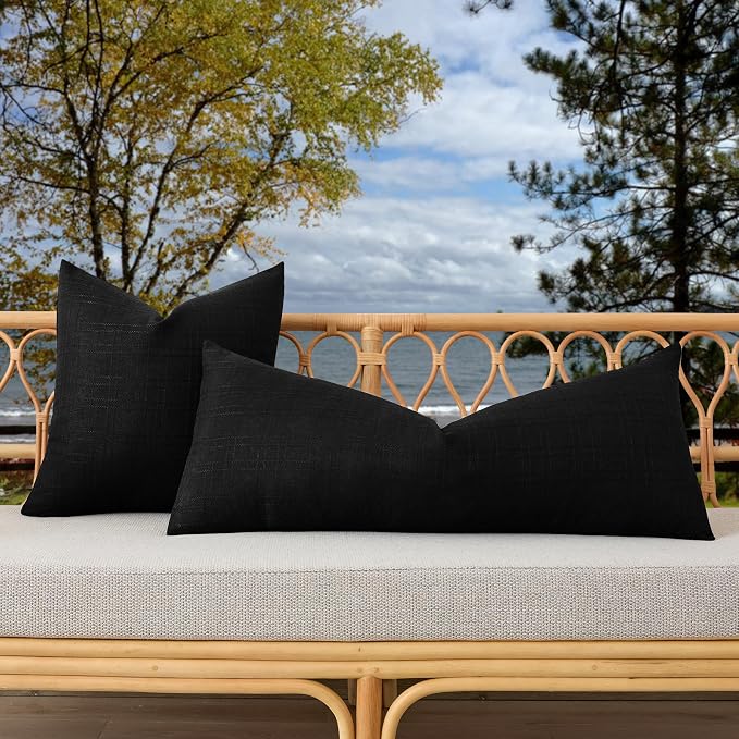 Kevin Textile Outdoor Waterproof 14”x36” Lumbar Pillow Cover 1 Pack, Black | Water Resistant, Soft Faux Linen-cotton Yarn-dyed Woven Texture Throw Pillow Covers for Tent Patio Garden Couch Sofa