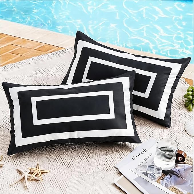 Pyonic Outdoor Waterproof Throw Pillow Covers 12 X 20 Inches Black and White Geometric Modern Pillow Covers for Patio Garden Porch Set of 2