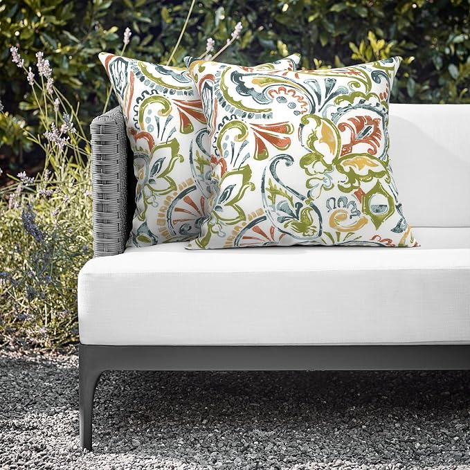 Outdoor Throw Pillows 16x16 Inch, Water Repellent Patio Pillows with Inners Set of 2 for Patio Furniture Home Graden, Paisley Botanical