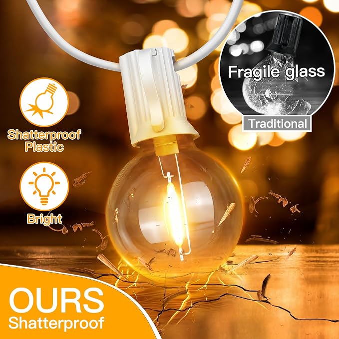 Ollny 100FT Outdoor String Lights, Waterproof Connectable Shatterproof Outside Light with 50 Edison + 3 Spare LED Bulbs Plug in, Patio Lights for Indoor Balcony Porch Camping Deck White