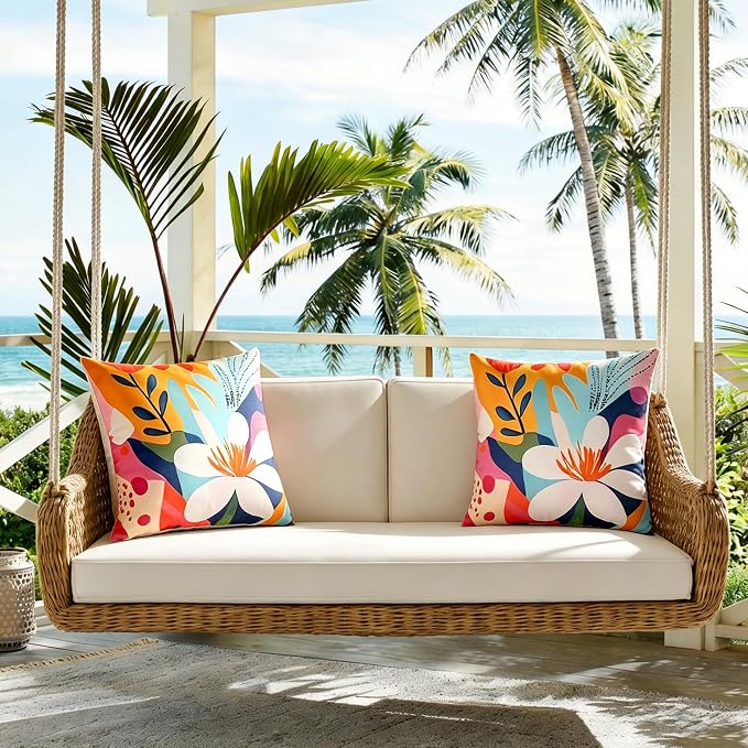 Outdoor Pillow Covers Waterproof Cushion Covers Patio Pillows Case 2 Pack | 18x18inch,Printed Boho Flowers,Seamless,Hidden Zipper,Machine Washable,Perfect decoration for Porch,Patio,Balcony