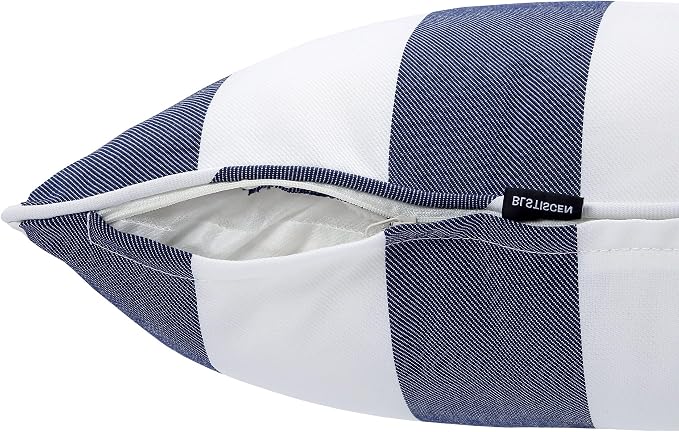 Outdoor Throw Pillow with Insert 18x18 Inch, Set of 2, Piping Edge Waterproof Fade Resistant Decorative Fluffy Pillows for Patio Furniture Chair Bench Couch Sofa - Navy White Striped