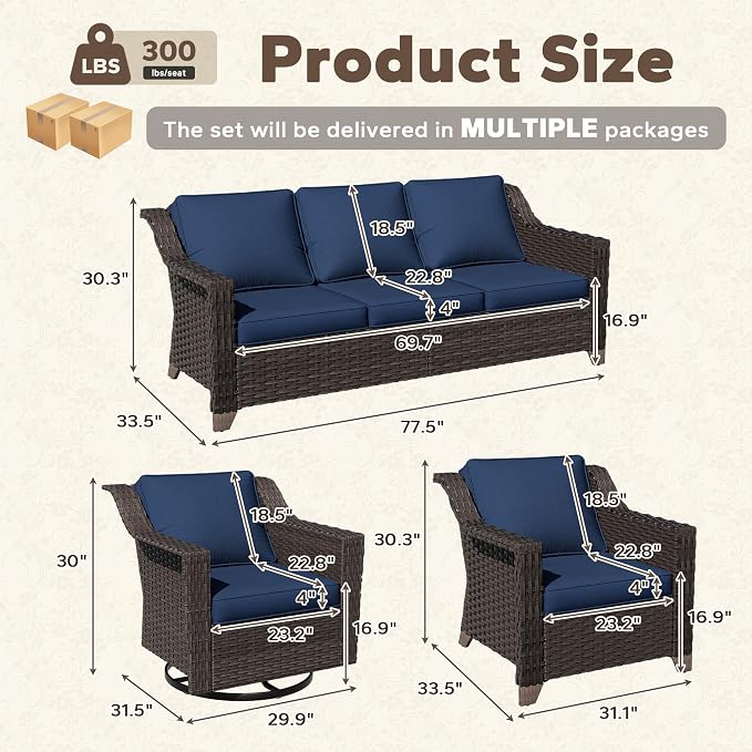 5 Pieces Patio Conversation Furniture Set - 1 Sofa, 2 Armchairs, 2 Swivel Chairs, Outdoor Wicker Furniture with Removable Cushions for Porch, Balcony, Sunroom (Blue)