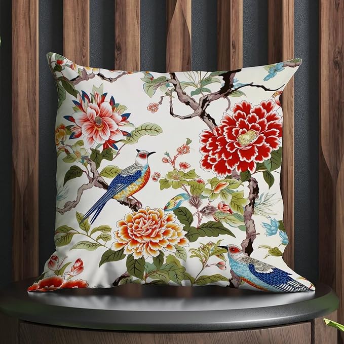 Throw Pillow Covers Chinoiserie Tree Peony Bird Pillow Covers Rustic Floral Coral Turquoise Pillow Cover Accent Square Couch Sofa Cushion Covers for Patio Furniture Garden 24x24 in