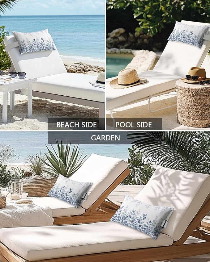 Outdoor Pillows Waterproof Covers Set of 2, Blue Eucalyptus Leaf Adjustable Elastic Chaise Lounge Headrest Pillow Covers, Spring Watercolor Leaves Lumbar Pillow for Pool Patio Furniture 20x12 Inch