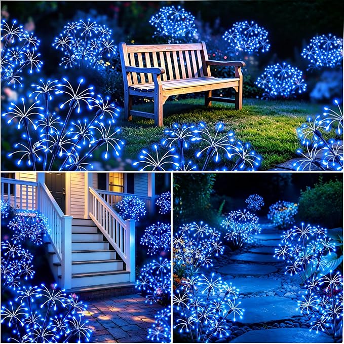 Solar Garden Lights Outdoor, 4 Pack 2-Layer Blue Fairy Firework Lights | Waterproof Starburst Flower Light, Garden Decor for Yard Patio Pathway Lawn, Unique Gifts for Women Mom Grandma Christmas