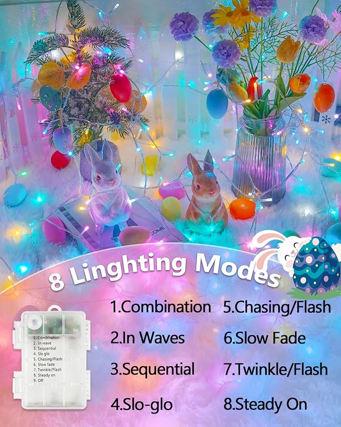 2 Pack 100 LED Easter Lights Battery Operated String Twinkle Fairy Lights | 33FT 8 Modes Multicolor Easter Battery Lights with Auto Timer, Waterproof Pastel Lights for Indoor Outdoor Garden Party Decor