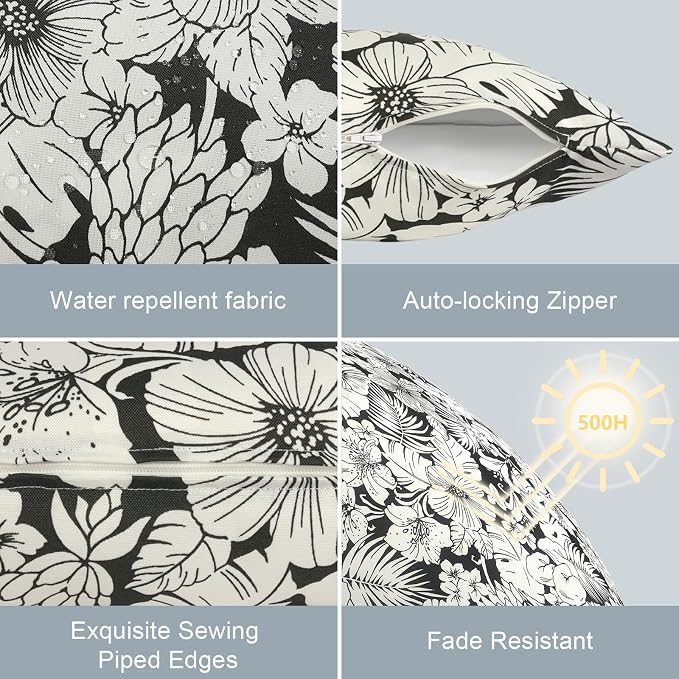 LVTXIII Outdoor Lumbar Pillow Covers Only Set of 2 Patio Decorative Pillow Cases, Water Repellent Lumbar Cushion Cases for Sofa, Patio Couch Garden Use, 12x20 Inch, Tropical Blossom Noir