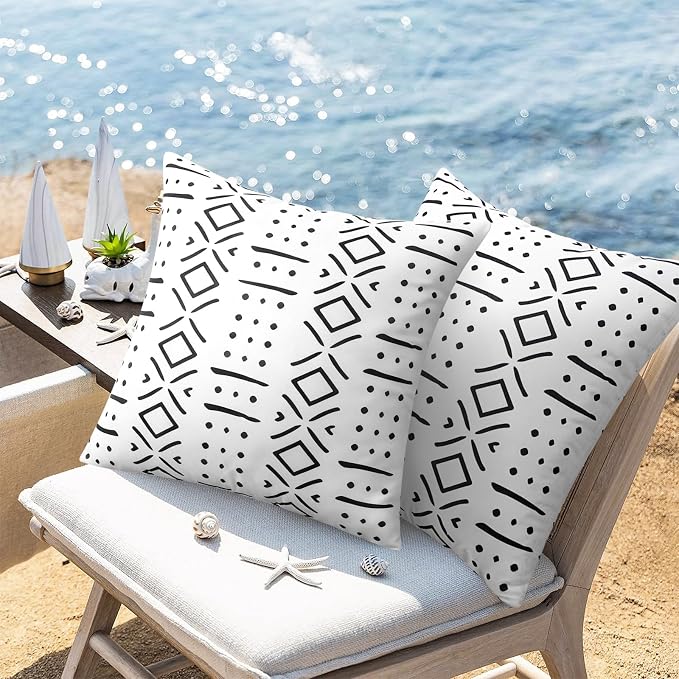 Merrycolor White Outdoor Waterproof Decorative Throw Pillow Covers Set of 2 Bohemian Geometric Pattern Cushion Covers Perfect for Farmhouse Patios and Gardens White