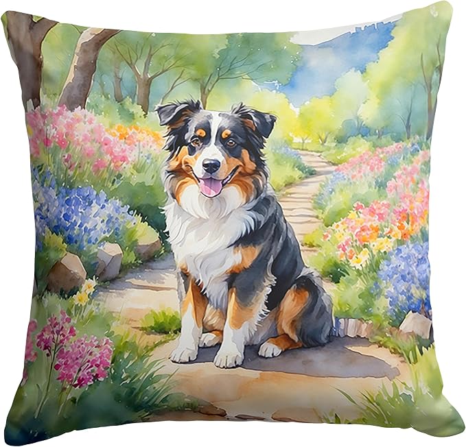 Caroline's Treasures Australian Shepherd Spring Garden Throw Pillow Machine Washable, Indoor Outdoor Decorative Pillow for Couch, Bed or Patio, 14Hx14W