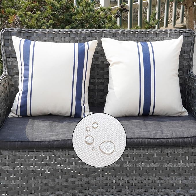 ONWAY Outdoor Pillow Covers Waterproof 20x20 Set of 2 Decorative Linen Throw Pillow Cover Beige and Navy Blue Striped Outdoor Pillows for Patio Furniture