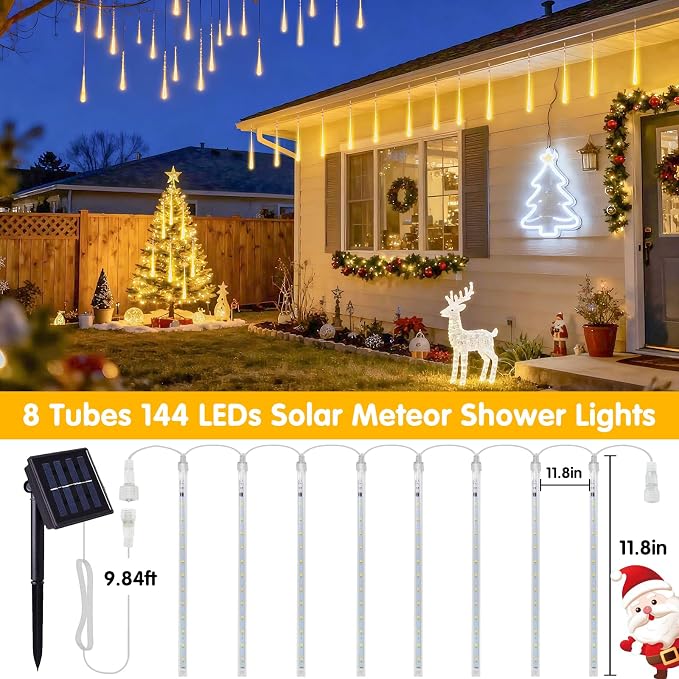 JMEXSUSS Solar Meteor Shower Lights Outdoor, 8 Tube 144 LEDs | Warm White Solar Christmas Lights for Tree Eave Xmas Holiday Party Patio House Wedding Decor