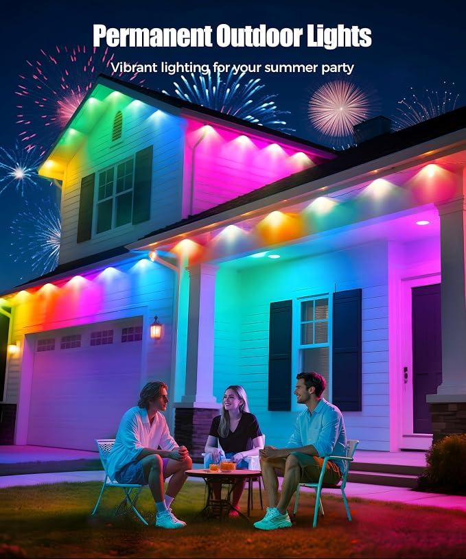 POOFZY Permanent Outdoor Lights for House,200ft RGB+IC Smart Outdoor Decor, 50 Scene Modes,App/Remote Control,IP67 Waterproof,for Christmas,Easter,V-Day,Thanksgiving,Daily & Holiday Party Decor