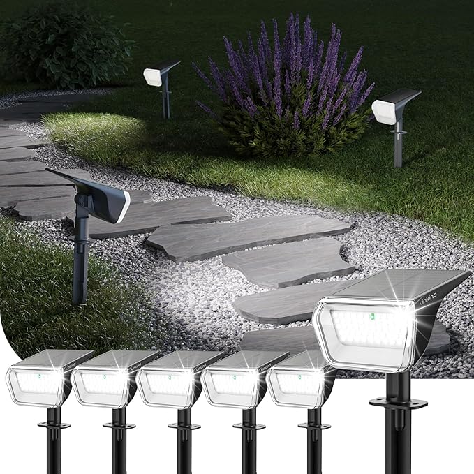 Linkind Solar Spot Lights Outdoor Waterproof Floodlight Cool White 6 Pack | Wide Beam, 60 LEDs, 800LM, 2 Brightness Modes, 6500K, Dusk to Dawn, for Landscape Garden Patio Pathway Flag Yard House Sign