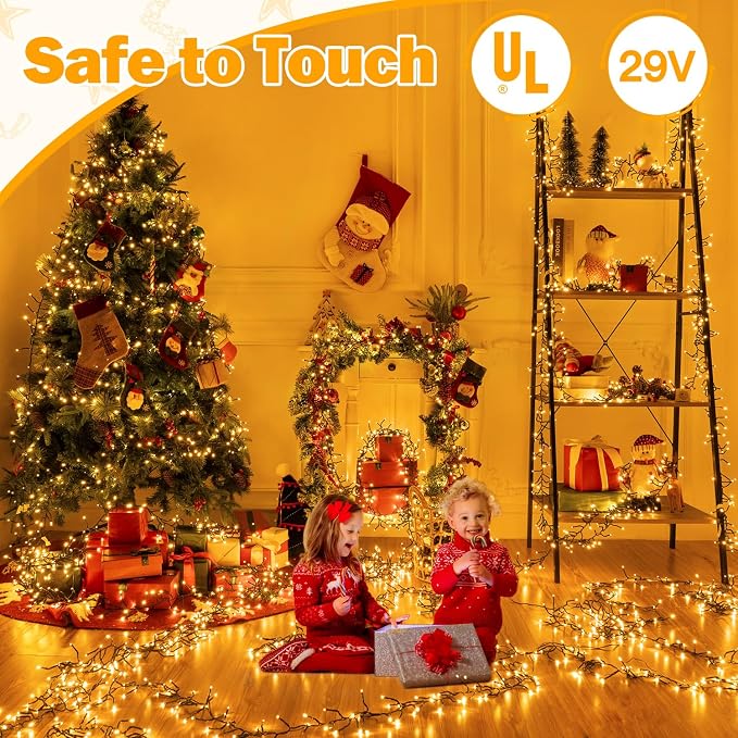 Ollny Cluster Lights Christmas 400LED 20FT, Warm White Christmas Tree Lights 8 Modes Timer Remote, Waterproof Connectable String Lights for Outdoor Indoor Outside Garland Xmas Decorations
