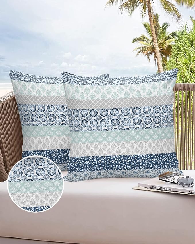 Outdoor Waterproof Throw Pillow Covers Set of 2 Blue Boho Stripe Tribal Vingtage Lumbar Pillowcases 18x18 Inches Bohemian Style Decorative Pillows Cushion Case Patio Pillows for Couch Bed Garden
