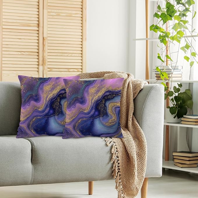 Swono Marble Pattern Cozy Pillowcase Cushion Cover, Abstract Natural Marble Gold Purple Decorative Throw Pillows Covers Outdoor Pillow Case for Home Office Dorm Sofa Picnic Car 18" X 18", 2 Pack