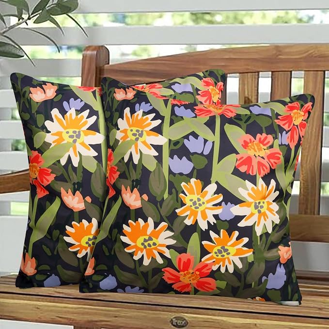Pyonic Outdoor Pillows Waterproof Cover Pack of 2 Floral Waterproof Throw Pillows 18x18 inch for Patio Furniture Garden Furniture,Balck