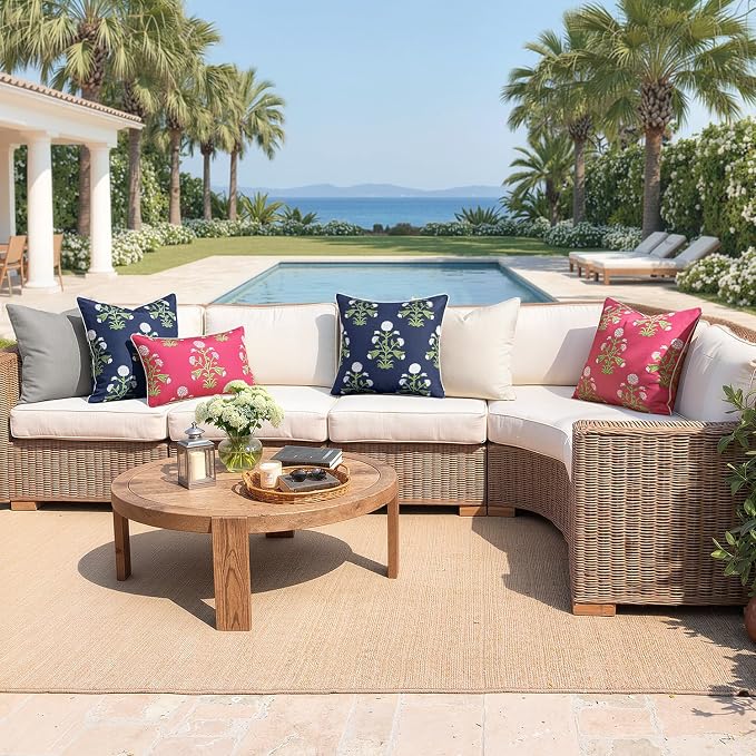 MIULEE Floral Outdoor Pillows Covers with Inserts 18x18 Hot Pink | Set of 2 Waterproof Decorative Throw Pillows with Piping,Vintage Fade Resistant, Patio Furniture Summer Garden Couch Sofa