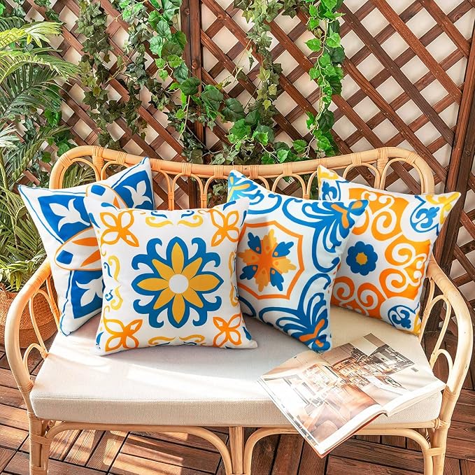 Pyonic Outdoor Pillow Covers 16x16 Spring Summer Garden Waterproof Throw Pillow Covers Cushion Case Patio Pillows for Couch Tent,Set of 4 Yellow