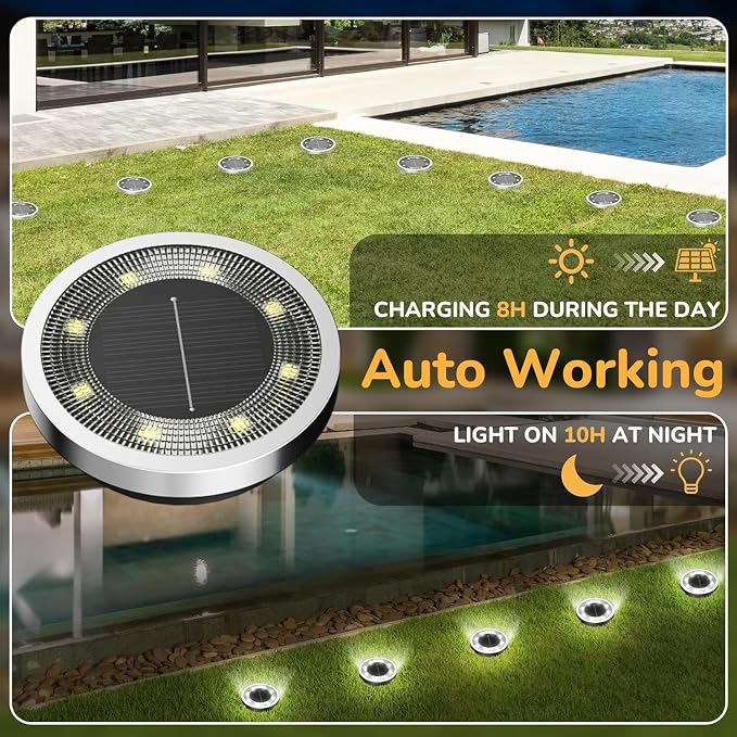 INCX 10Pack Solar Ground Lights Outdoor, 8 LED, IP65 Waterproof, Cold White | 600mAh Ni-MH battery, 8-10h runtime, stainless steel, ABS and PP body, solar garden lights for pathways, lawns and driveways