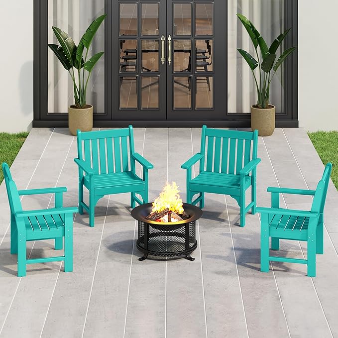 Costaelm Outdoor Dining Arm Chair, Patio HDPE Garden Dining Table Chair, Poly Lumber Waterproof Restaurant Bistro Farmhouse Chairs for Outside Porch Backyard, Turquoise