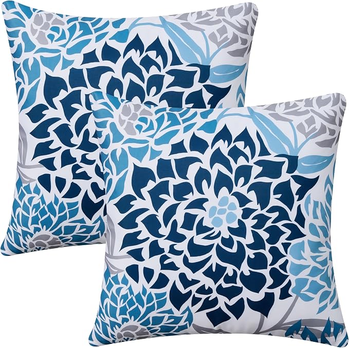 Allorry Outdoor Pillow Covers 18x18 Set of 2 Navy Blue Flower Pattern Decoration Throw Pillow Covers for Spring Summer Outdoor Waterproof Furniture Garden Patio Sofa Bedroom Home Decor JB011-C18
