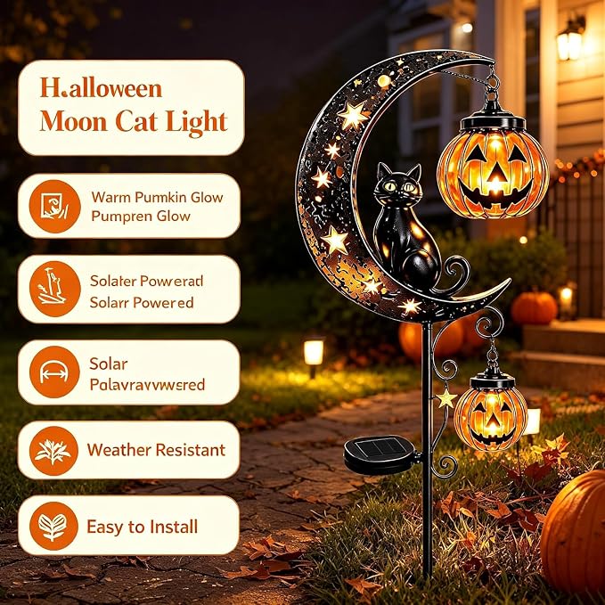 Solar Halloween Black Cat Garden Stake Light – Metal Crescent Moon & Pumpkin Lantern Yard Decor, Auto On/Off Waterproof LED Landscape Lighting for Patio Lawn Pathway (A)
