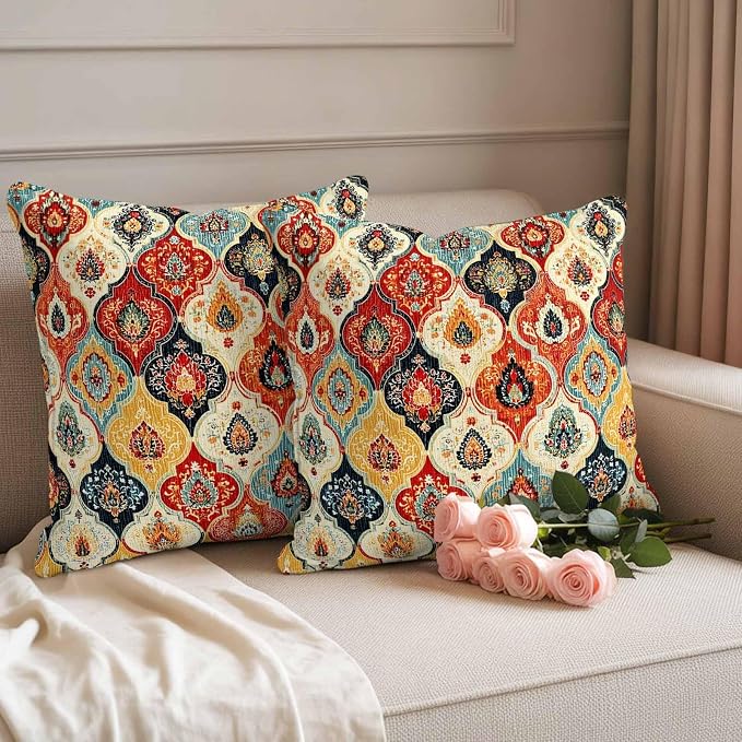 Bohemian Floral Outdoor Pillow Covers 24"x24" Set of 2, Moroccan Exotic Colored Floral Waterproof Throw Pillow Covers for Patio Furniture, Decorative Cushion Covers for Porch