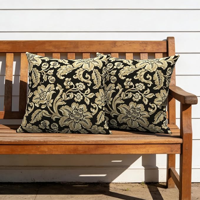 Outdoor Pillows with Insert 20x20 Inch, Waterproof Throw Pillow for Patio Furniture, Decorative Back Cushion for Garden Home Sofa Office Chair, Set of 2, Jacobean Black