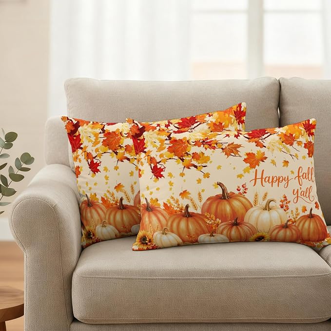 Orange Fall Waterproof Outdoor Pillow Covers 20''x12'' Set of 2, Maple Tree Branch Thanksgiving Pumpkin Patio Cushion Covers for Chairs,Decorative Countryside Leaves Pillow Cases for Garden/Pool/Beach