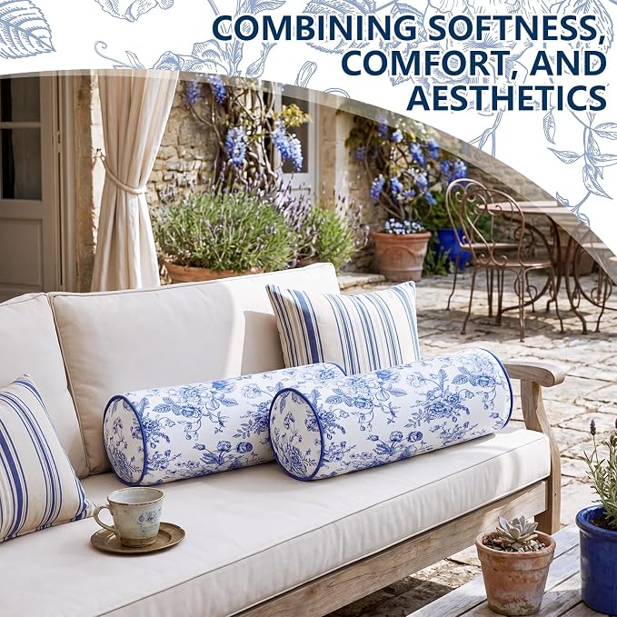 Set of 2 Blue Floral Outdoor Bolster Pillows with Inserts, 6 x 20 Inch, Blue White Chinoiserie, Water Repellent Throw Pillow Patio Neck Waist Cushion for Backyard Bed Couch Sofa Poolside