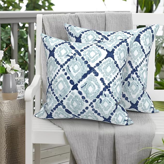 20x20 Inch Pack of 2 Patio Throw Pillow Covers ONLY, Water Repellent Cushion Cases, Square Pillowcases for Outdoor Couch Decoration, Boho Geometry Blue