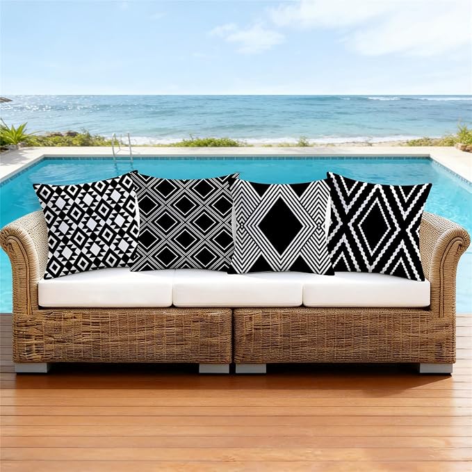 NIGHTWISH Outdoor Waterproof Pillow Covers 16x16 Set of 4 Black and White Modern Geometry Decorative Outdoor Throw Pillows Boho Cushion Cases for Patio Furniture Bench Couch Sunbrella