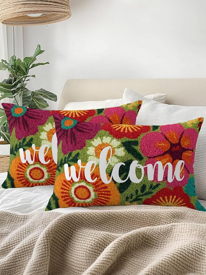 Outdoor Waterproof Throw Pillows 12x20in, Farmhouse Rustic Orange Red Floral Patio Pillows Pack of 2, Decorative Pillow Covers with Insert, Pillow Cushion Case for Garden Abstract Green Leaves