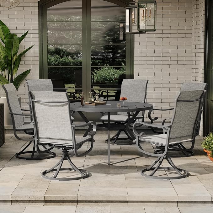47" Outdoor Patio Table Dining Table All Weather Metal Round Patio Dining Table with Adjustable Umbrella Hole Patio Furniture for Lawn Garden Backyard, Grey