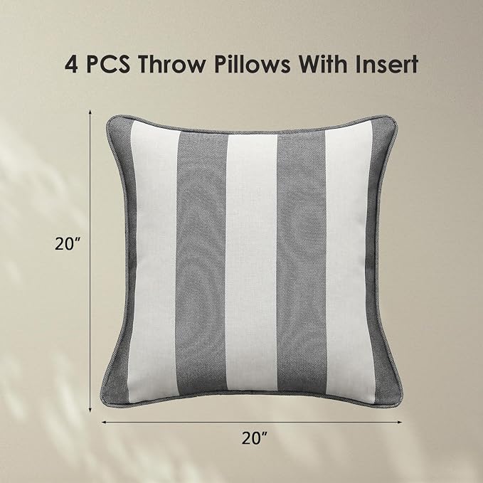 Unimatta Decorative Outdoor Water Repellent Throw Pillows with Inserts, Set of 4, 20" x20" Pillows for Patio, Backyard, Bed, Couch, and Patio Furniture, Gray Stripe