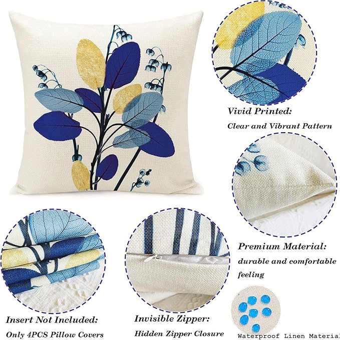 Outdoor Pillow Covers Navy Blue Leaves Waterproof Throw Pillows Case 18x18 inch Set of 4 Garden Patio Furniture for Home Sofa Decorative