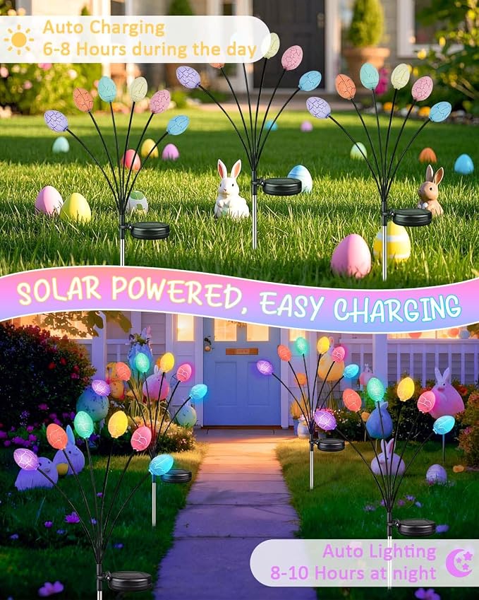 4 Pack Solar Easter Egg Lights, Firefly Lights Solar Outdoor Waterproof | 2 Lighting Modes Garden Lights, Sway with Wind, Solar lights Outdoor for Spring Lawn Yard Patio Porch Easter Decorations