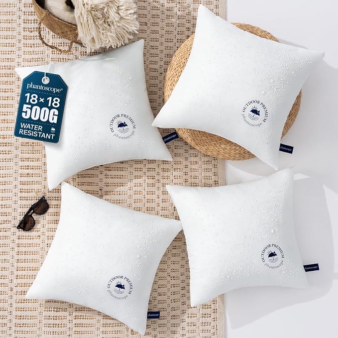 Phantoscope 18x18 Outdoor Pillow Inserts - Pack of 4 Waterproof Outdoor Throw Pillows with Webbing, Square Couch Cushion Sham Stuffer for Patio and Porch Furniture