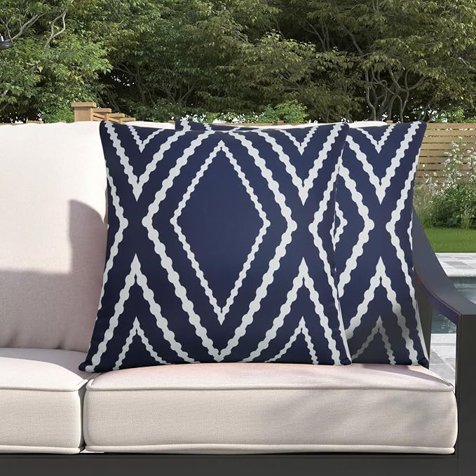 Adabana Outdoor Waterproof Pillow Covers 20x20 Navy Blue | Geometric Decorative Throw Pillow Covers Set of 2 for Patio, Garden, Porch, Farmhouse
