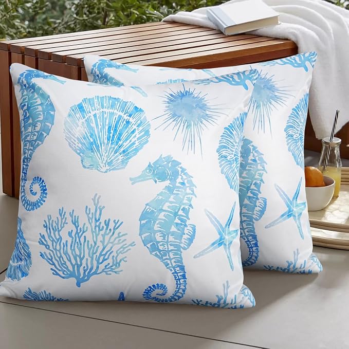 cygnus Coastal Outdoor Pillow Covers 18x18 inch Waterproof Seahorse Seashell Coral Beach Nautical Throw Pillow Covers for Patio Furniture Garden Bench Porch Sofa Couch Summer Decor Set of 2,Blue