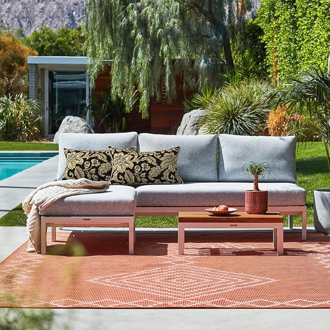LVTXIII 2 Pack Outdoor Lumbar Pillows 12x20 Inch with White Piping, Fade Resistant Support Throw Pillows with Inserts for Patio Furniture, Sofa, Chair, Jacobean Black